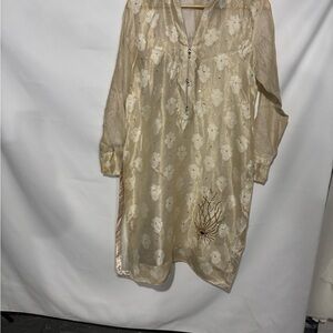 Cream V-neck Long Sleeve Top with Bishop Sleeves